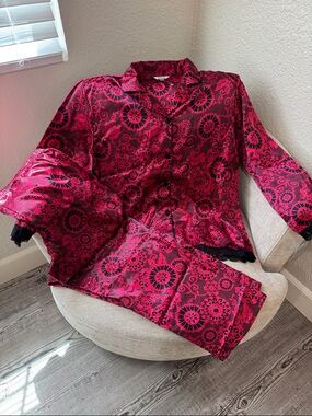 Women's Red and Black Floral Satin Pajama Set - Long Sleeve Button Top & Pants